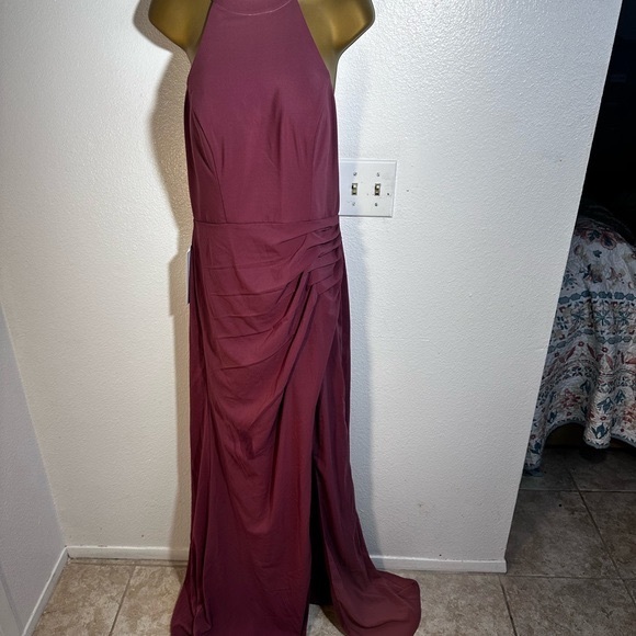 Azazie Galicia Mermaid High Neck Pleated Stretch Chiffon Leg Slit Dress NWT 10 - Picture 4 of 16